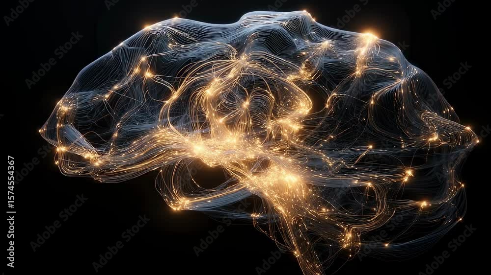 Poster interconnected neurons firing and communicating within a stylized human brain, visualized with glowi