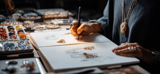 Artist's hand Sketching Jewelry Designs on Paper with Drawing Tools at Creative Workspace with Accessories