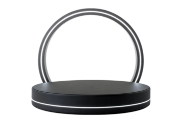Modern black circular stage with illuminated ring arch isolated on transparent background