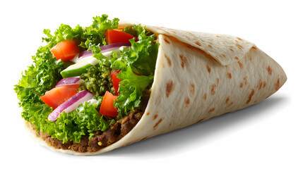 Tortilla wrap filled with ground beef, lettuce, tomatoes, cucumber, red onion, and green salsa. A healthy and colorful meal presented on a clean white background.