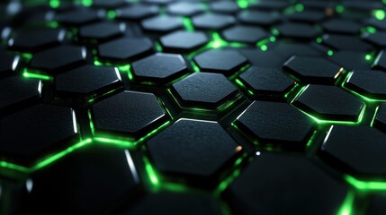 Obraz premium Abstract Hexagon Pattern with Neon Green Lights: Futuristic Technology Background