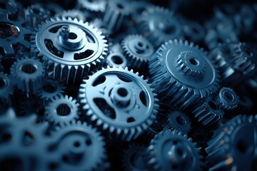 A macro image of many overlapping, metal gears with a blue-grey hue