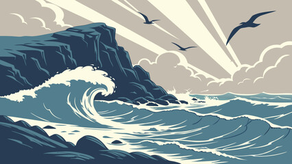 hyperrealistic ocean painting at dawn stormy wave