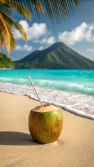 A coconut drink with a straw sits on a sandy beach with a tropical island backdrop