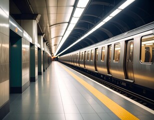 Naklejka premium Blur empty and secluded subway platform station for background.