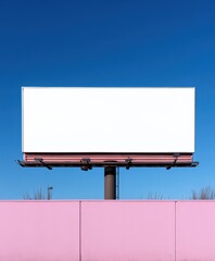 Obraz premium Large blank white billboard on a tall pole above a pink wall against a clear blue sky in a modern urban setting
