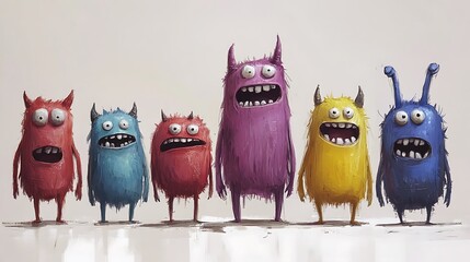 A row of colorful, expressive monsters.