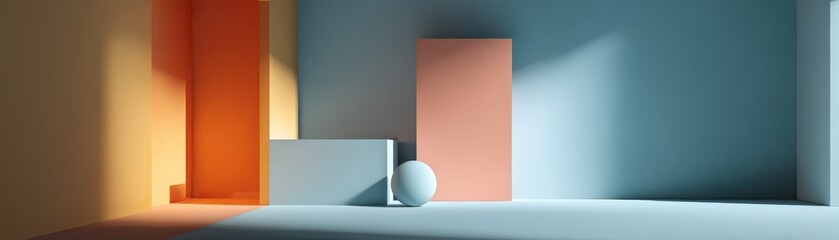 Obraz premium Modern Abstract Geometric Interior Design with Colorful Shapes and Lighting Composition in a Minimalist Space for Contemporary Art Illustration