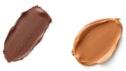 Obraz premium Two different shades of cosmetic foundation swatches isolated on a clean white background for texture and tone comparison