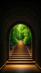 Fototapeta premium Sunlight streams through a stone archway leading to a forest path with mossy stairs