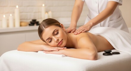 Obraz premium Serene Spa Day: Woman Receiving Relaxing Back Massage with Hot Stones and Candles