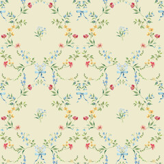 Watercolor floral wreath pattern hand-painted wildflowers and leaves with ribbon on white background for wallpaper and fabric.