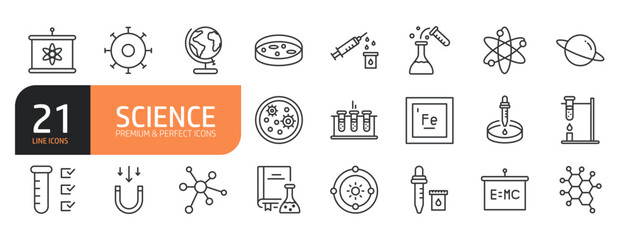 Set of line icons related to Science, Laboratory, scientific, pharmacy, physics, biology, laboratory and more. Outline icons collection. Editable stroke. Vector illustration.