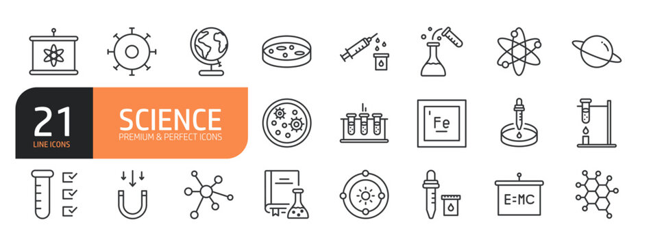 Set of line icons related to Science, Laboratory, scientific, pharmacy, physics, biology, laboratory and more. Outline icons collection. Editable stroke. Vector illustration.