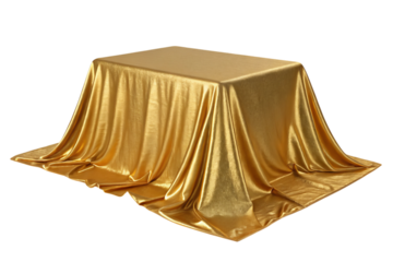 Rectangular table draped with luxurious golden fabric creating elegant folds isolated on transparent background