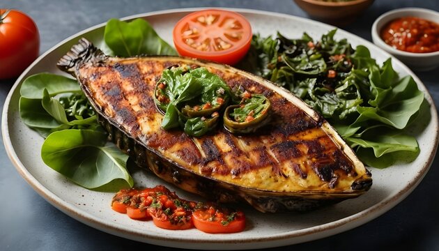 Close-up of a grilled gurame fish fillet with visible texture, served on a clay platter, surrounded by small dishes of chili sauce and herbs.