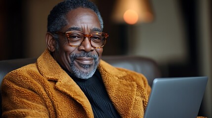 Smiling senior man with glasses, wearing a mustard-colored coat, using a laptop.
