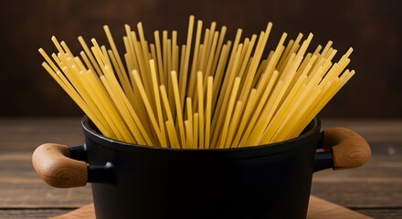Close up of raw spaghetti pasta placed in a pan