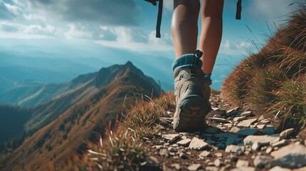 Closeup of female hiker's feet in hiking shoes walking in mountain landscape, outdoor trekking adventure, nature travel concept - Powered by Adobe