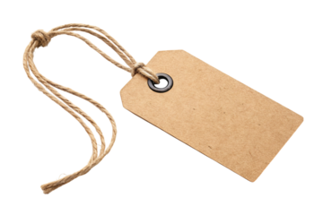 Blank kraft paper price tag with twine string and grommet isolated on transparent background