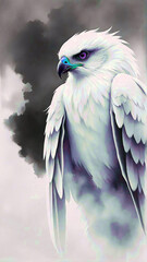 A dreamy digital painting of a majestic white falcon with amethyst eyes and soft feathers blending into a cloudy, ethereal background, combining realism and watercolor textures in a serene fantasy sty
