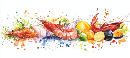 Abstract sea food ingredient watercolor. Vivid colors in illustration for banner, poster. Element design. freedom concept. 