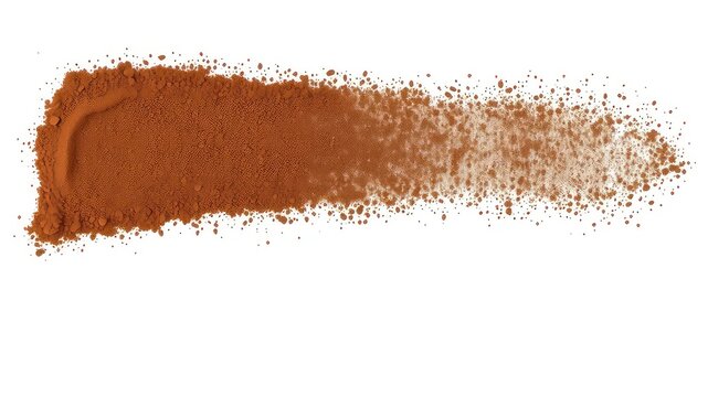 Horizontal arrangement of rich brown colored powder, concentrated on one end then becoming sparse dots on a plain background