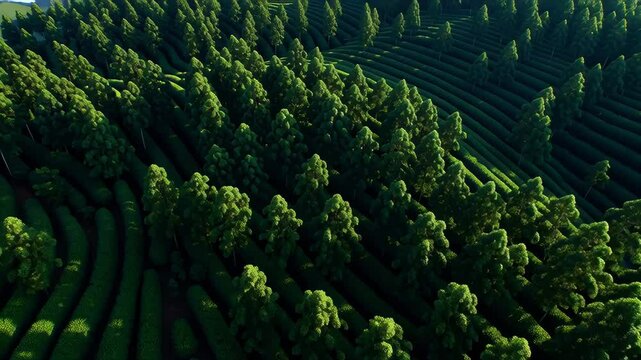 An aerial view of a geometric pattern formed by rows of rubber trees in a lush, green landscape, symbolizing organized cultivation, bright daylight, epic scale, cinematic,