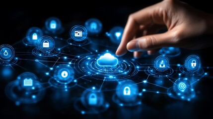 Digital interface displays a network of interconnected security icons.