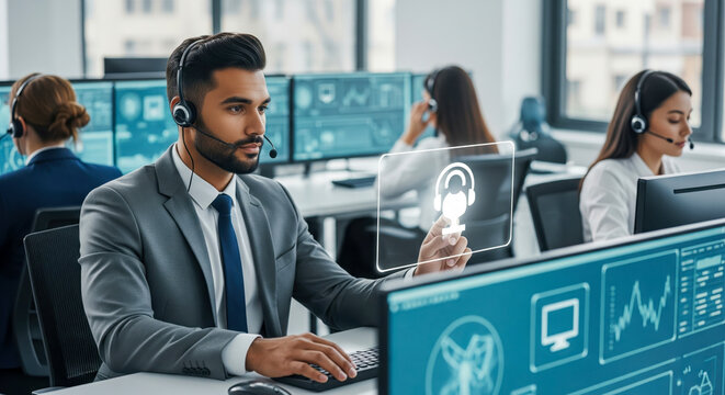 Professional Call Center Team Working With Technology