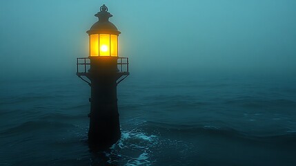 Luminous beacon in a misty sea.