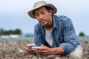 A farmer closely examining soil with a smartphone in a field, integrating modern technology into traditional farming practices for optimal agricultural outcomes.