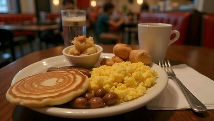 A hearty breakfast plate with pancakes, scrambled eggs, sausages, and baked beans, accompanied by a coffee and juice.