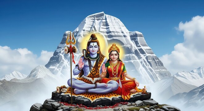 Shiv Parvati Sitting on Mount Kailash &ndash; Spiritual 4K Wallpaper (16:9)