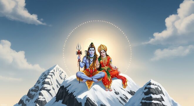 Shiv Parvati Sitting on Mount Kailash &ndash; Spiritual 4K Wallpaper (16:9)