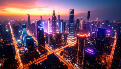 Fototapeta premium Futuristic cityscape at sunset glowing neon lights aerial view cyberpunk tone vibrant urban skyline illuminated skyscraper highway