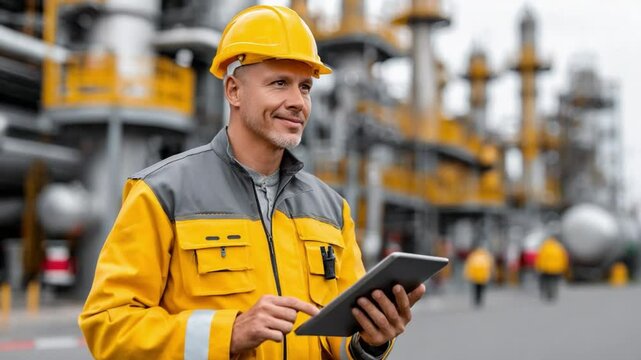 Image of Engineer in Industrial Plant: An experienced engineer, wearing a yellow hard hat and jacket, reviews data on a digital tablet amidst the complex machinery of an industrial plant.