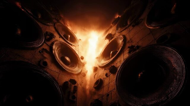 Striking lowangle photograph of gigantic speakers engulfed in flames conveying an electrifying ordeal amidst shadows perfect for themes of destruction and dynamic energy.
