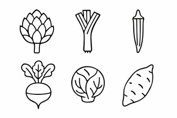 Set of minimalist line art icons featuring artichoke, leek, okra, beetroot, cabbage, and sweet potato. Perfect for culinary designs, healthy eating guides, and organic farming visuals with a clean,
