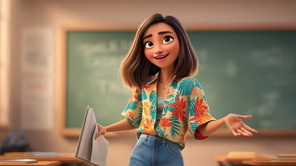 Animated young teacher in a colorful floral shirt smiling and gesturing in front of a chalkboard in a classroom. Concept of creative education, teaching with joy and enthusiasm
- Powered by Adobe