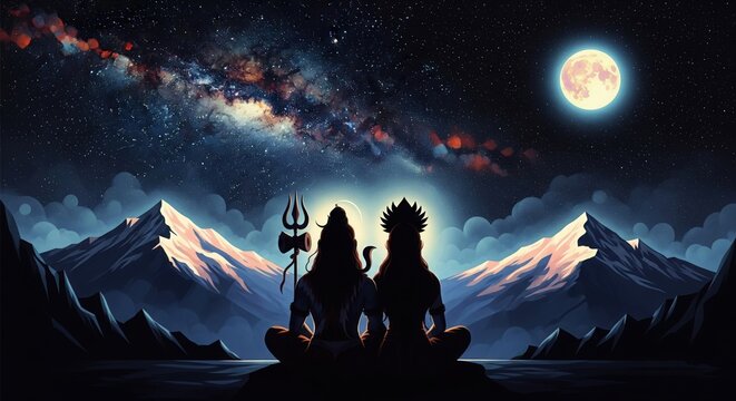Shiva Parvati Night Sky Divine Art &ndash; Aesthetic Wallpaper (16:9)