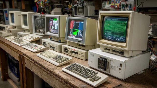 Display of multiple old computer models lined up on a workbench each representing a significant milestone in technology history evoking a sense of curiosity and admiration for past