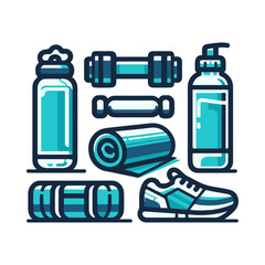 Collection of fitness equipment including water bottles, dumbbells, mat, and shoes on a white background