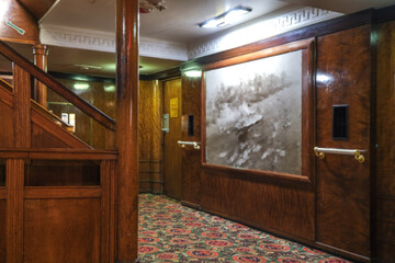 Opulent Art Deco interior architecture inside lobby, atrium or foyer on historic ocean liner style...