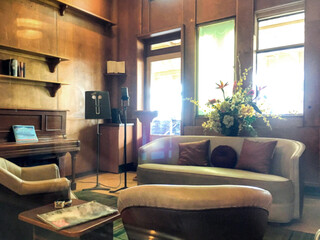 Cozy living room atmosphere inside cafe café coffee shop bar lounge bistro onboard luxury historic...