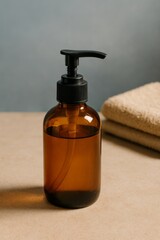 An elegant dispenser filled with liquid soap and soft towel