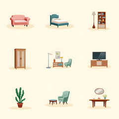 Collection of cartoon furniture icons for home interior design