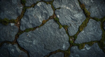 A close up view of gray stones with moss growing in between the stones on the surface texture