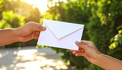 Hands exchanging a white envelope outdoors (1)