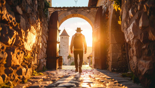 Medieval town archway sunset traveler walking cobblestone path warm light historic stone wall adventure backpack hat